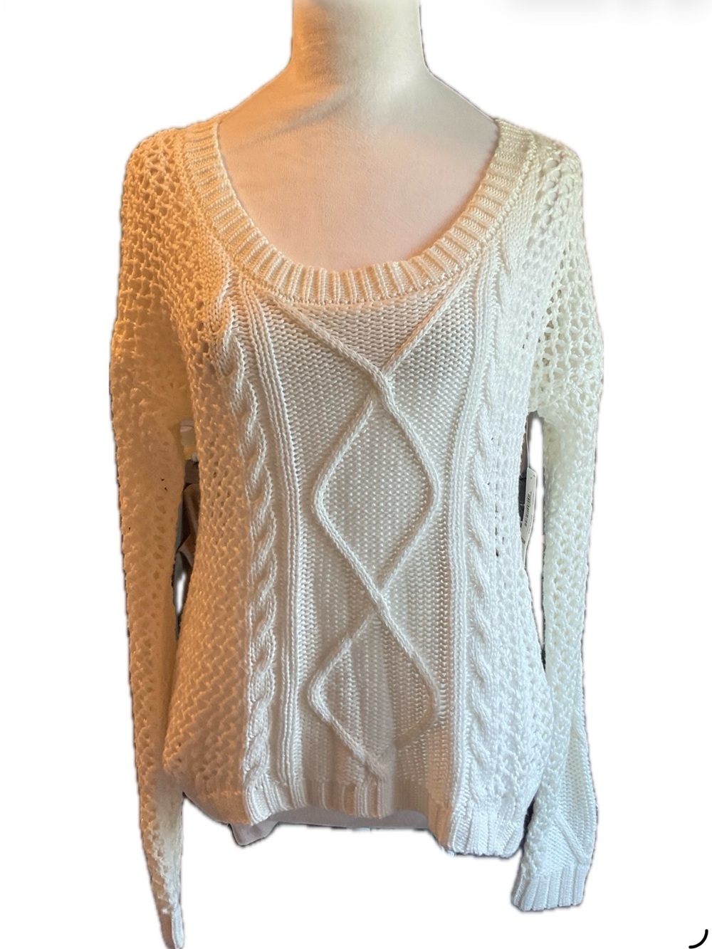 *A New Approach *  Open Weave Cable Knit Scoop Neck Sweater-Snowdrift